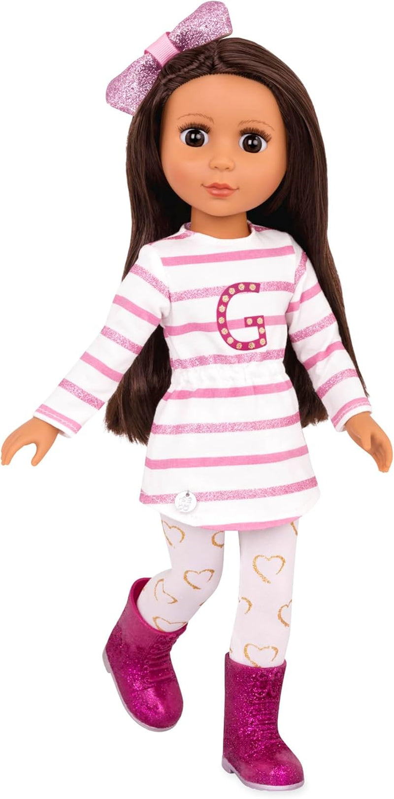 Glitter Girls - Sarinia - Muñeca de moda articulada de 36 cm - Pelo castaño liso y ojos marrones - Túnica a rayas y botas con purpurina - 3 años +