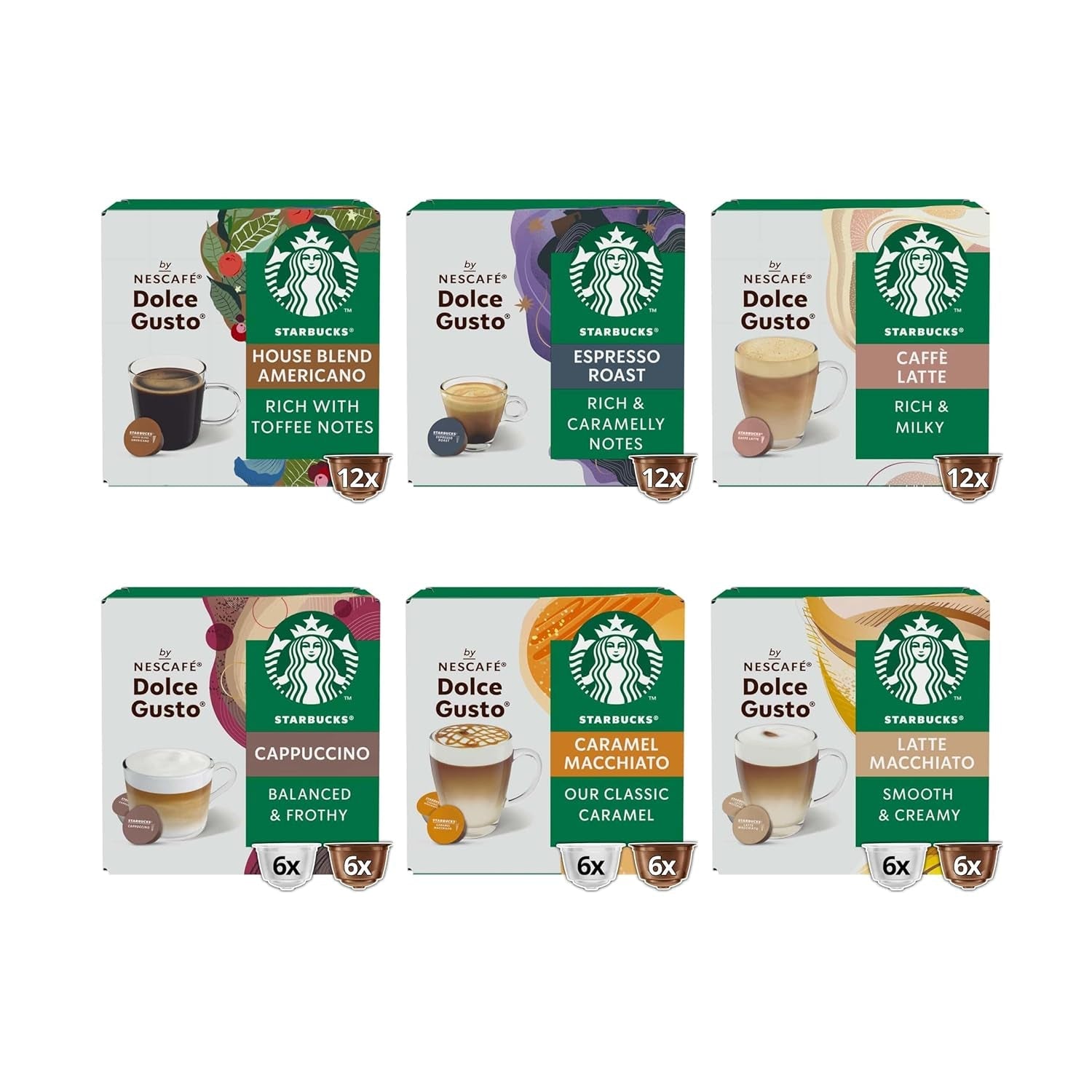 STARBUCKS Probierset, paquete variado de tazas mixtas de Nescafé Dolce Gusto Kaffeekapseln 6 x 12 (72 Kapseln) - Exklusiv bei Amazon