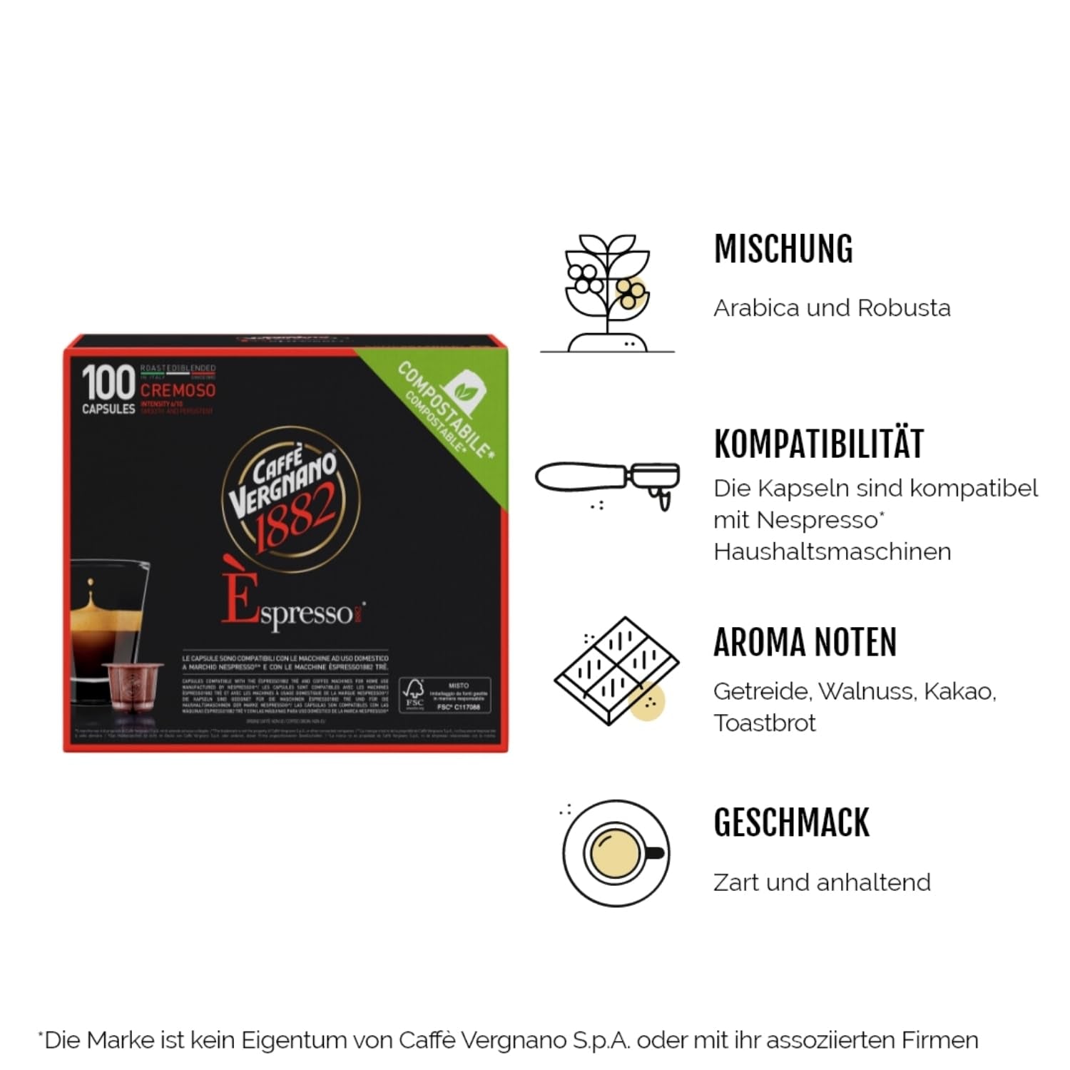 Caffè Vergnano 1882 - Café Èspresso Compostable, Compatible con Nespresso, Cremoso (Cremoso) - Packung Enthält 100 Kapseln