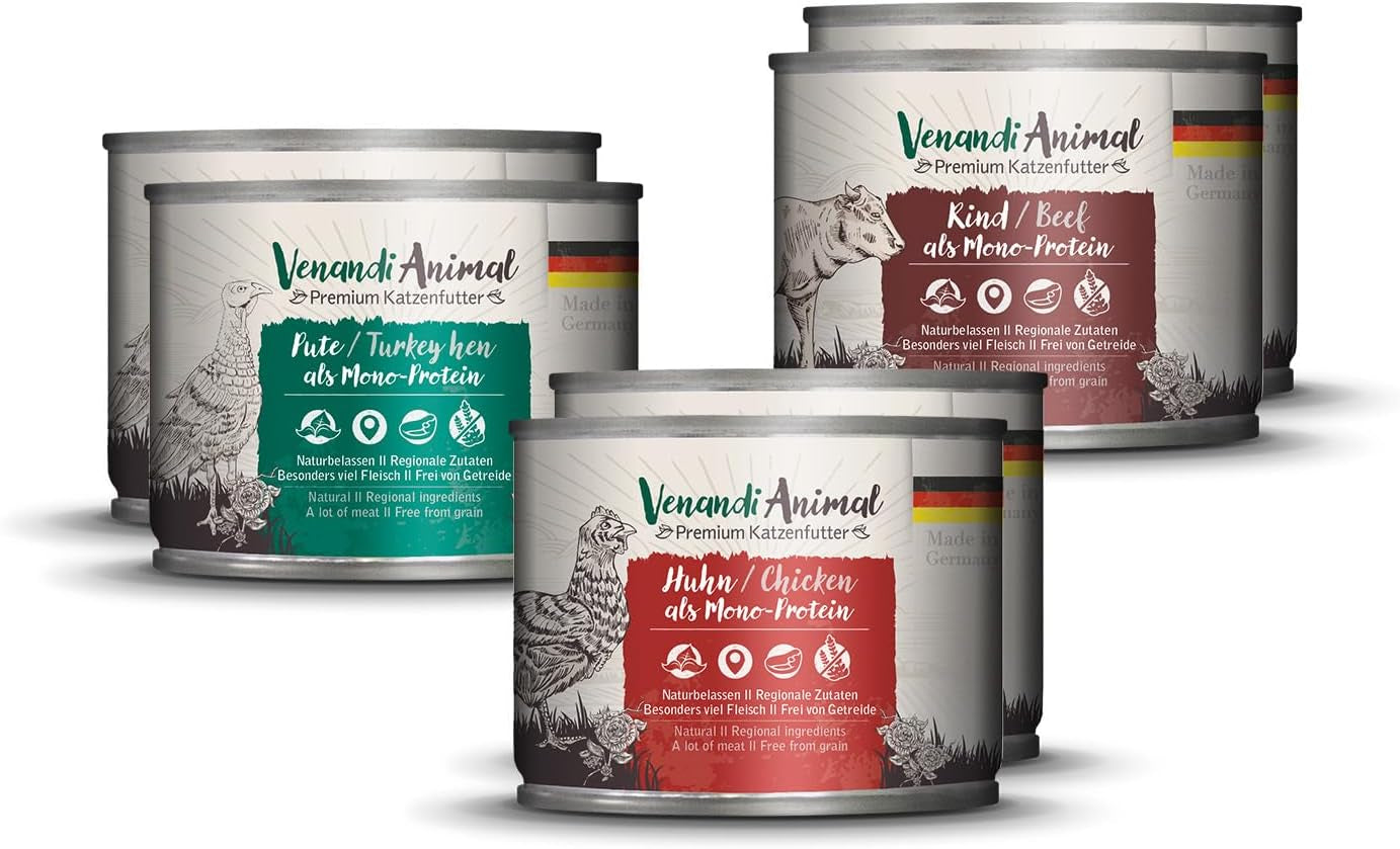 Venandi Animal - Premium Nassfutter para Katzen, Probierpakett I, pollo, pute, corteza, 6 x 200 g (paquete de 6), getreidefrei und naturbelassen