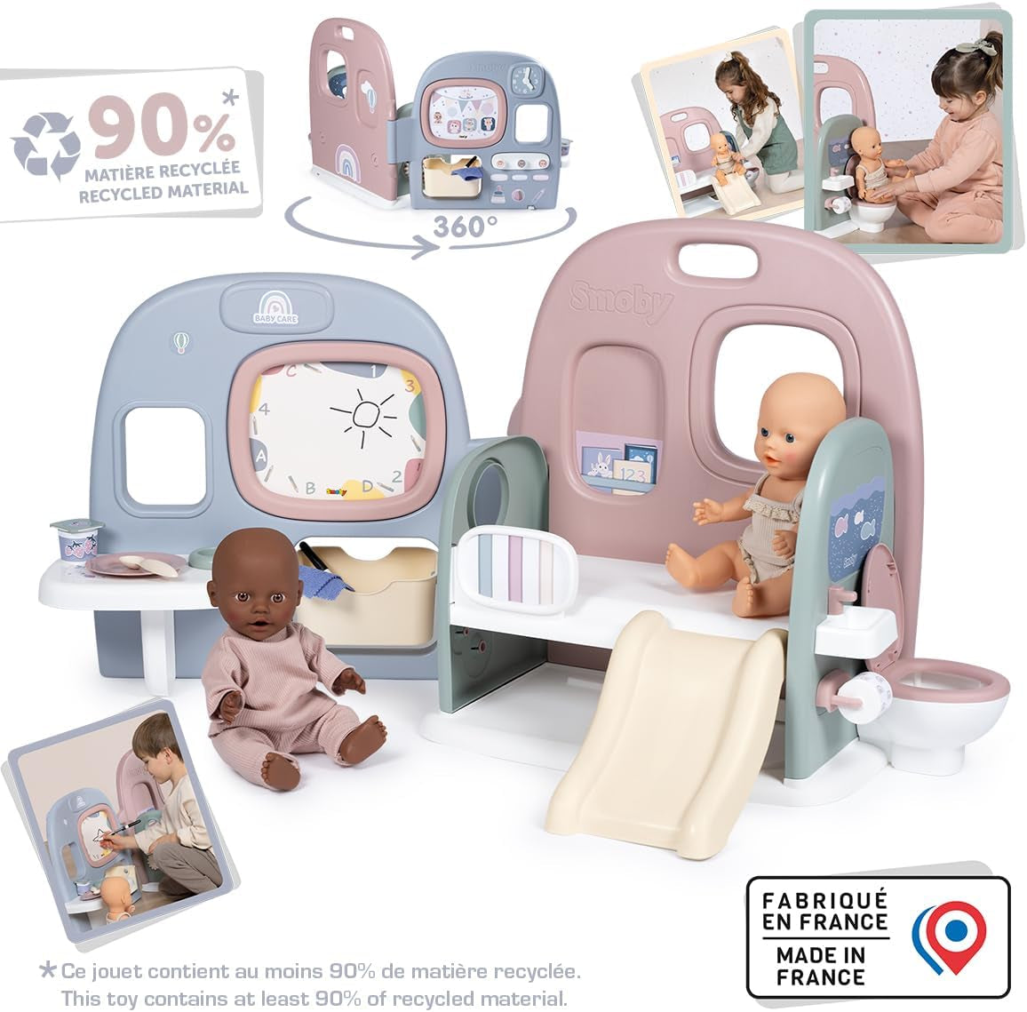 Smoby - Cuidado del bebé Guardería de muñecas - Centro de juegos para muñecas Guardería + Guardería Vida cotidiana - Zona de juegos plegable con rotación de 360° - 6 accesorios - Fabricado con un 90% de material reciclado en Francia, a partir de 3 años
