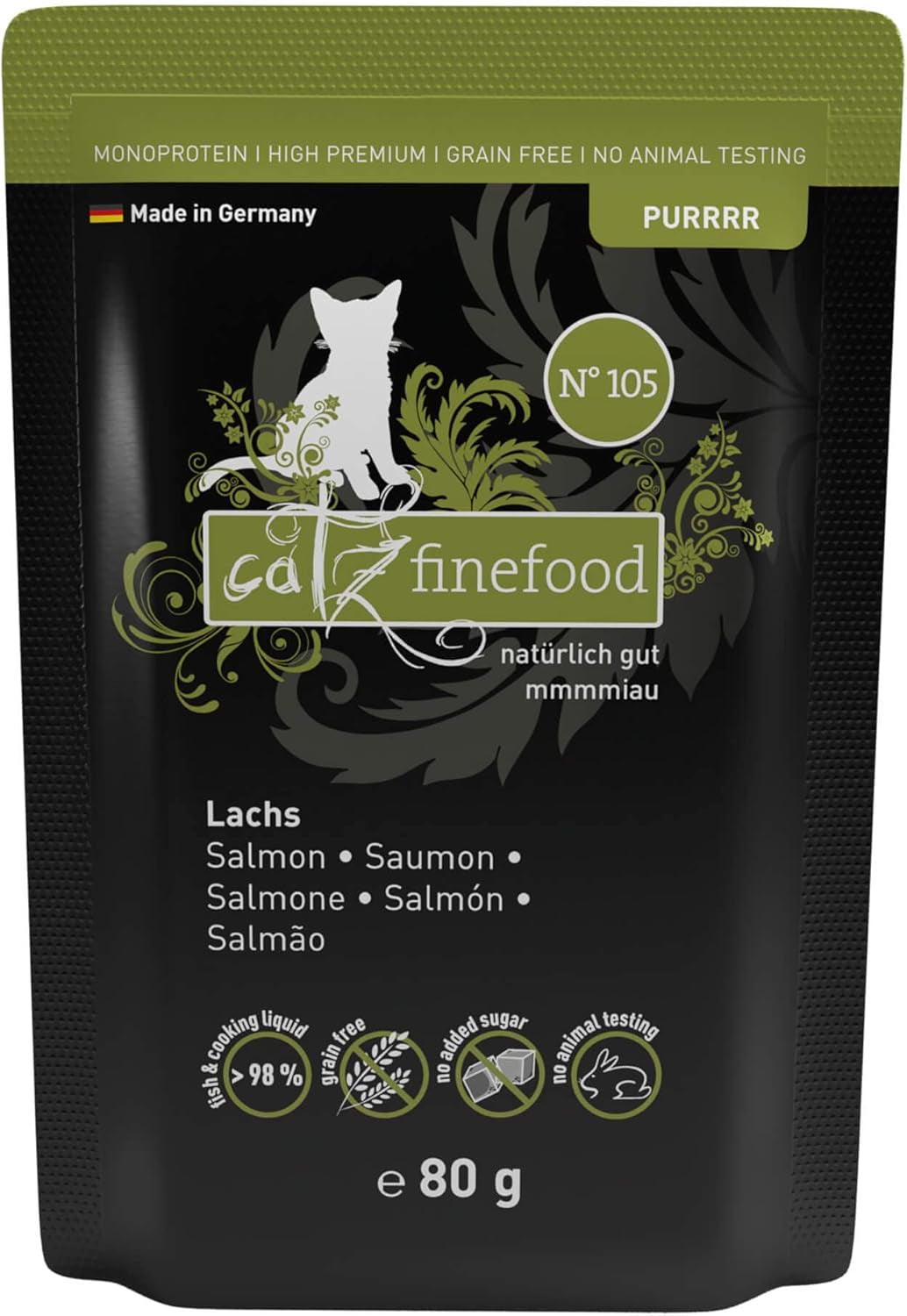 Comida húmeda para gatos Catz Finefood Purrrr con monoproteína y salmón núm. 105, para gatos con digestión sensible, 16 x 80 g