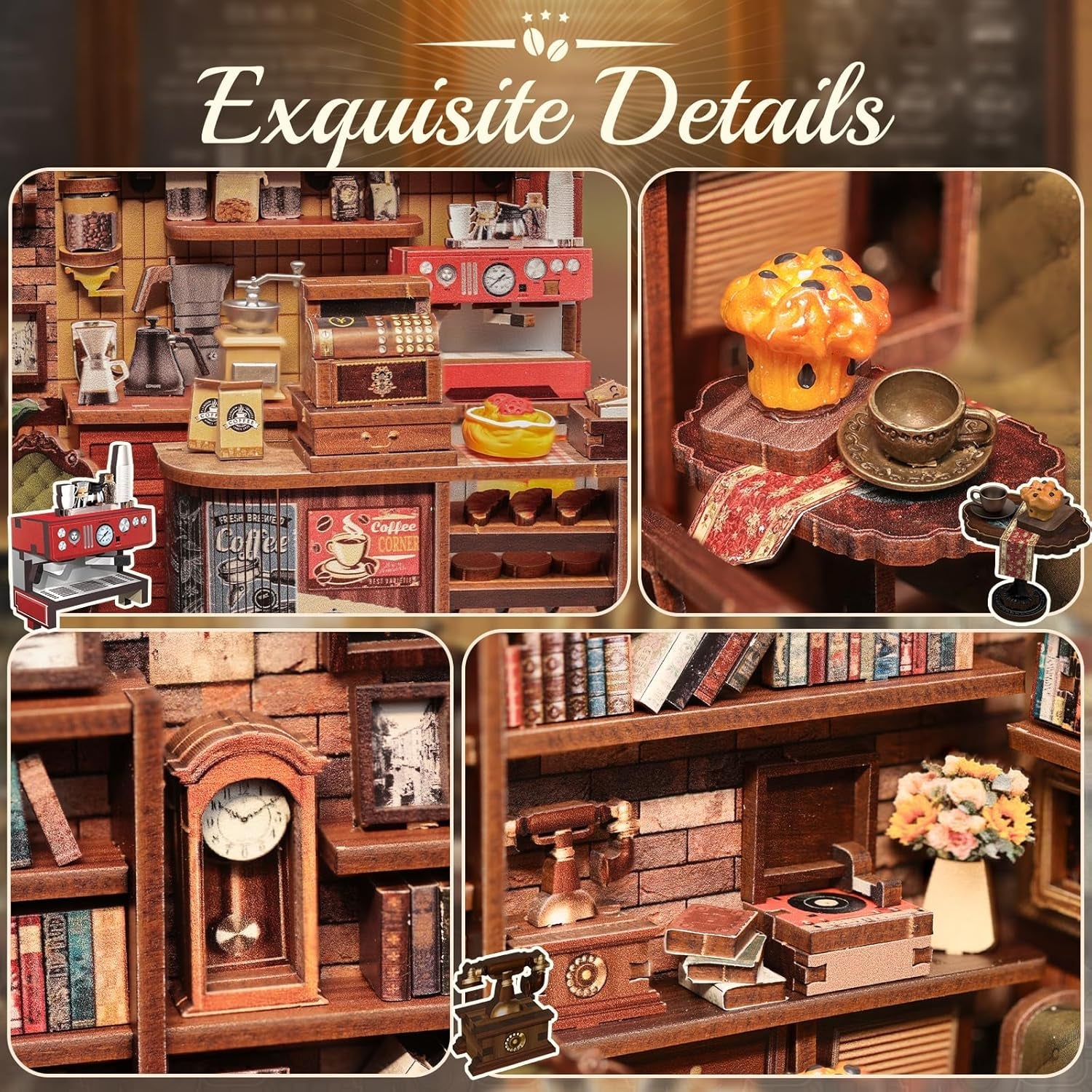 CUTEBEE Kit de esquina para libros – Casas de muñecas DIY, kit de construcción de casa en miniatura con luz LED para adultos, rompecabezas de madera 3D y soporte para libros – Decoración de estantería y regalo (café de esquina)