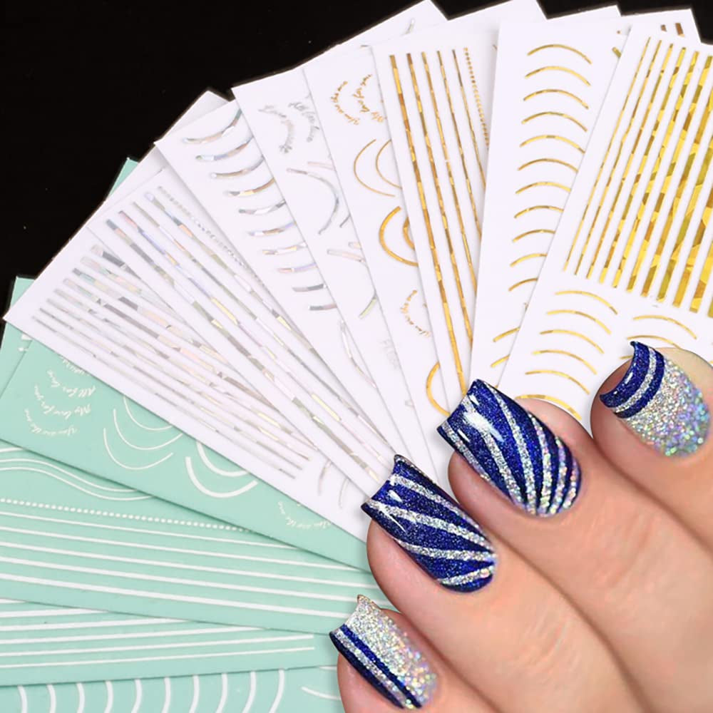 12 hojas de pegatinas autoadhesivas para uñas con líneas de brillo láser, pegatinas holográficas, pegatinas para uñas con rayas de bronce, líneas francesas, lazos curvos, líneas onduladas, pegatinas para uñas, accesorios para decoración de uñas