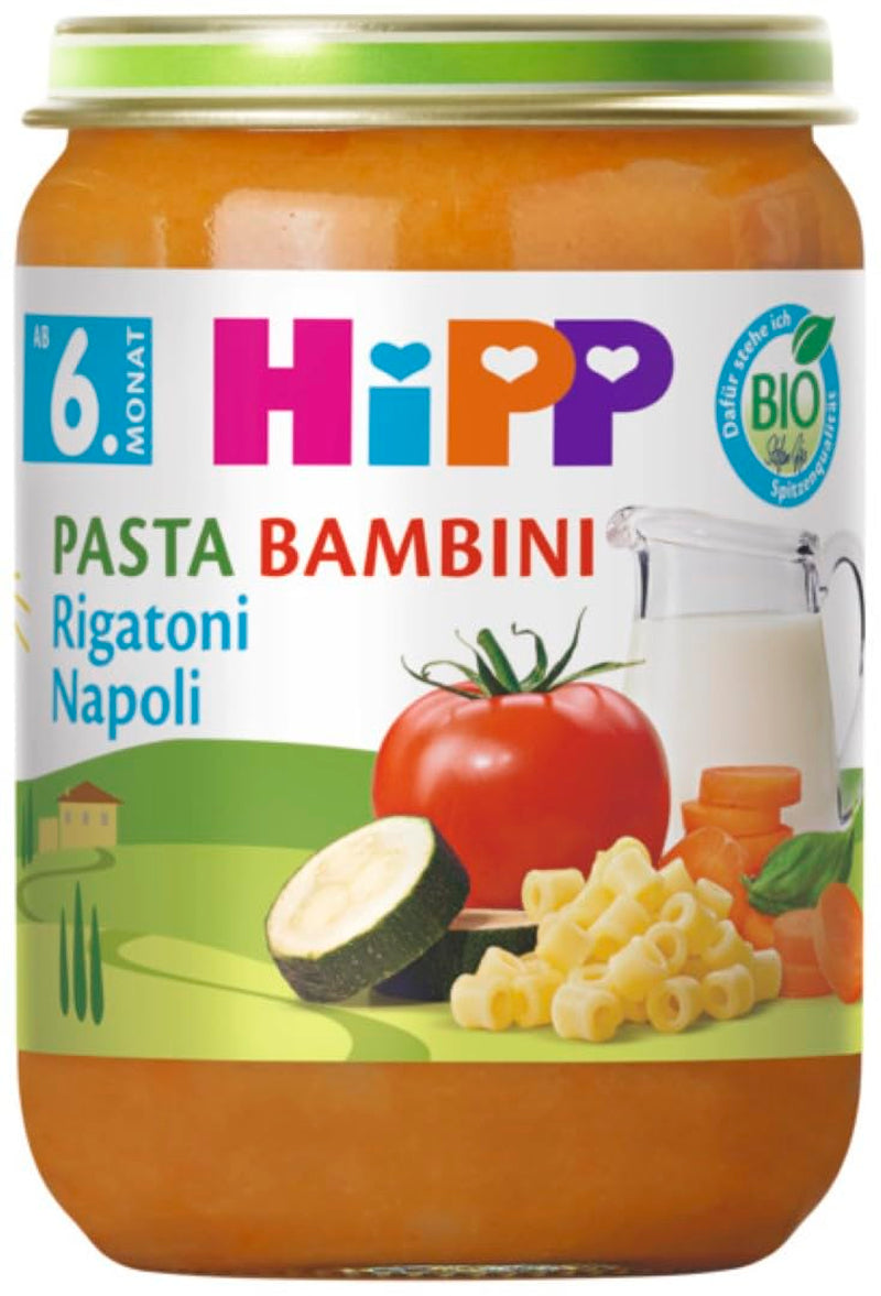 HiPP Pasta Bambini Rigatoni Napoli Organice (6 x 190g), harina a partir de 6 meses, sin sal añadida, con Omega-3, de la mejor calidad ecológica