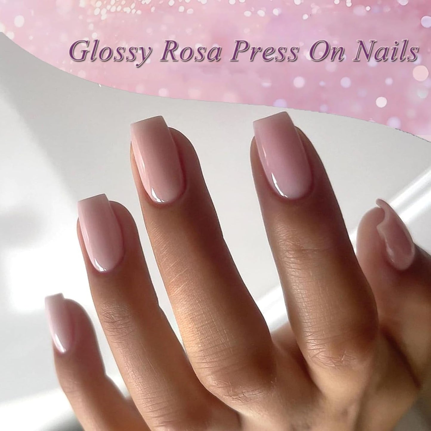 24 piezas de uñas postizas de Color sólido rosa, uñas postizas neutras autoadhesivas, gel suave cuadrado medio para mujeres, uñas postizas con brillo de cobertura completa DIY