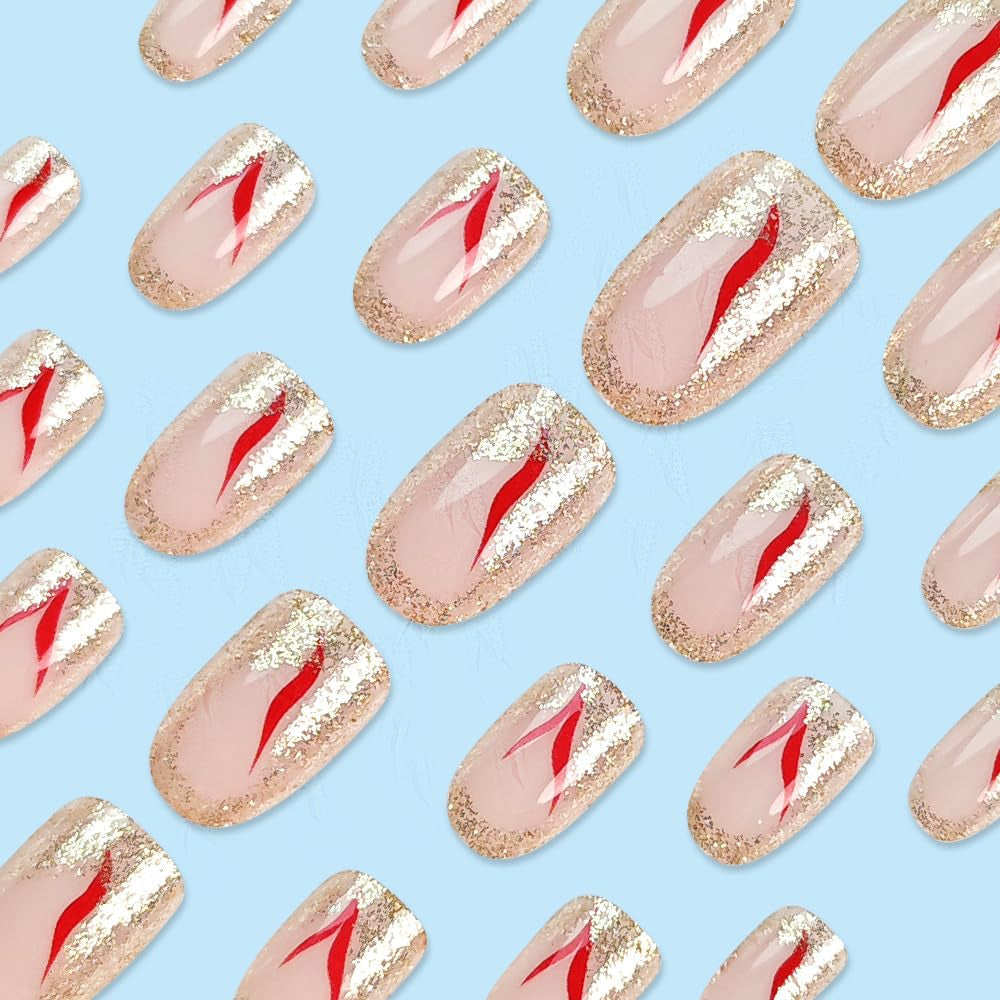 24 Uds. De uñas postizas con purpurina dorada, pegamento en remolino rojo, juego para uñas adhesivas, accesorios para uñas acrílicas para mujer