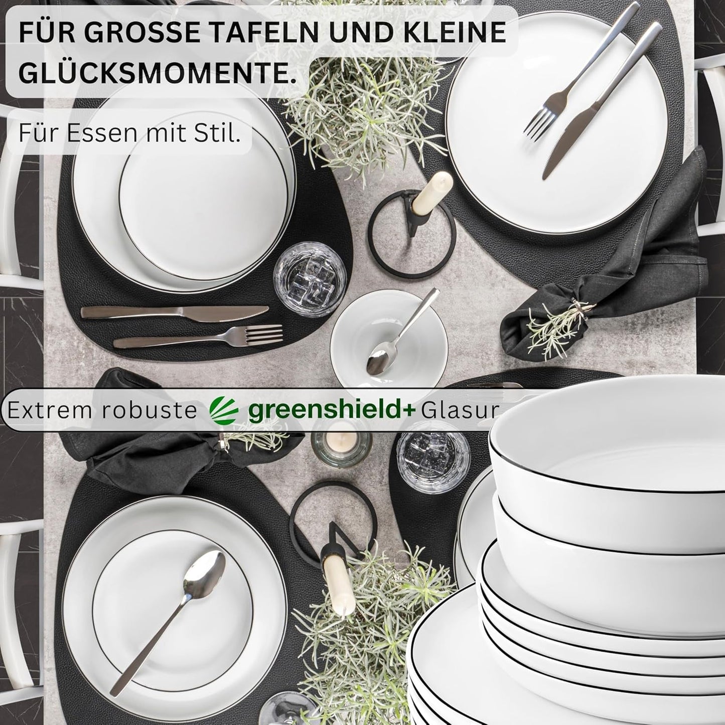 SANGER | Marlo Juego de vajilla con bordes blancos y negros, vajilla de porcelana de 18 piezas para 6, blanco con detalles en negro, platos llanos, platos de postre y tazones, diseño moderno | LA COLECCIÓN PREMIUM
