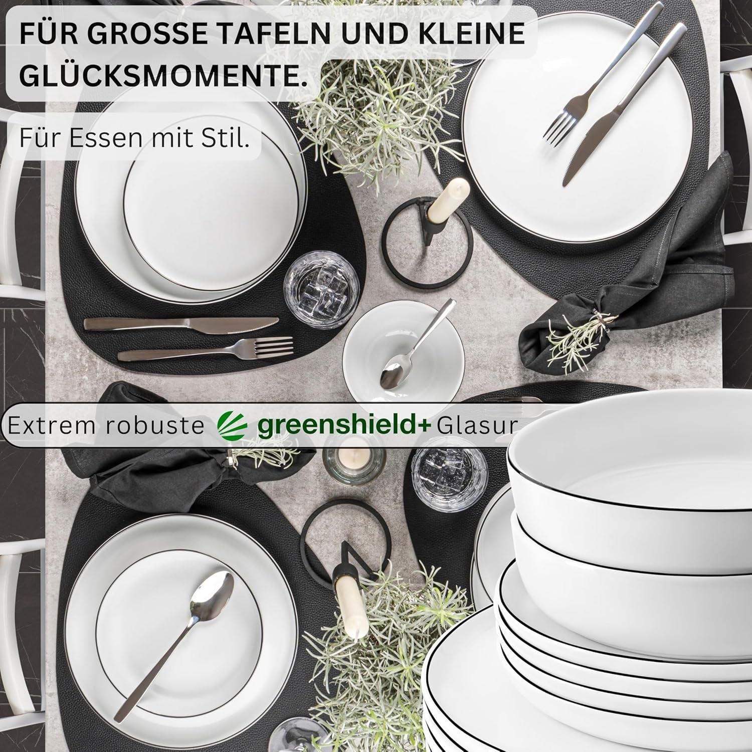 SANGER | Marlo Juego de vajilla con bordes blancos y negros, vajilla de porcelana de 18 piezas para 6, blanco con detalles en negro, platos llanos, platos de postre y tazones, diseño moderno | LA COLECCIÓN PREMIUM