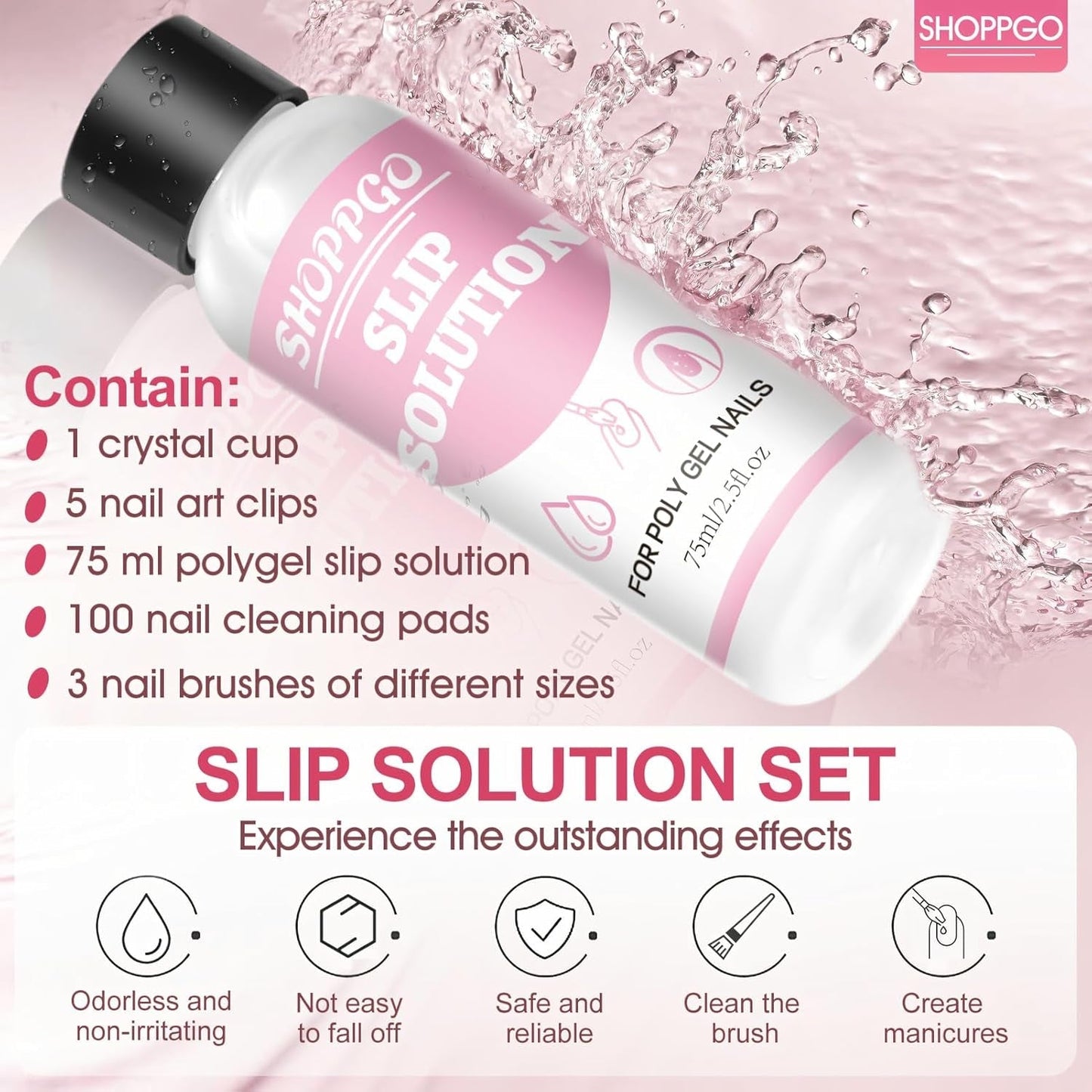 Solución alisadora Polygel, kit de solución antideslizante para uñas Polygel, solución alisadora de 75 ml, incluye 5 clips para puntas de uñas, 3 cepillos para uñas, 1 vaso de cristal, 100 hojas de limpieza