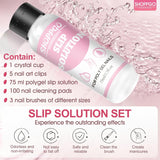Solución alisadora Polygel, kit de solución antideslizante para uñas Polygel, solución alisadora de 75 ml, incluye 5 clips para puntas de uñas, 3 cepillos para uñas, 1 vaso de cristal, 100 hojas de limpieza