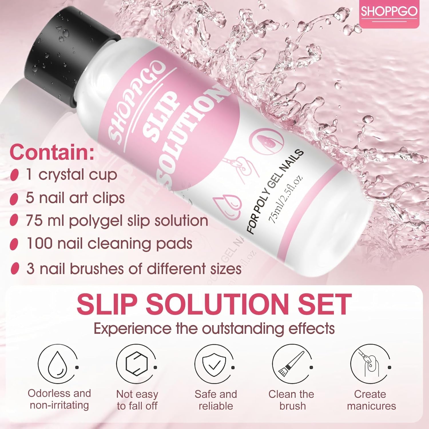 Solución alisadora Polygel, kit de solución antideslizante para uñas Polygel, solución alisadora de 75 ml, incluye 5 clips para puntas de uñas, 3 cepillos para uñas, 1 vaso de cristal, 100 hojas de limpieza