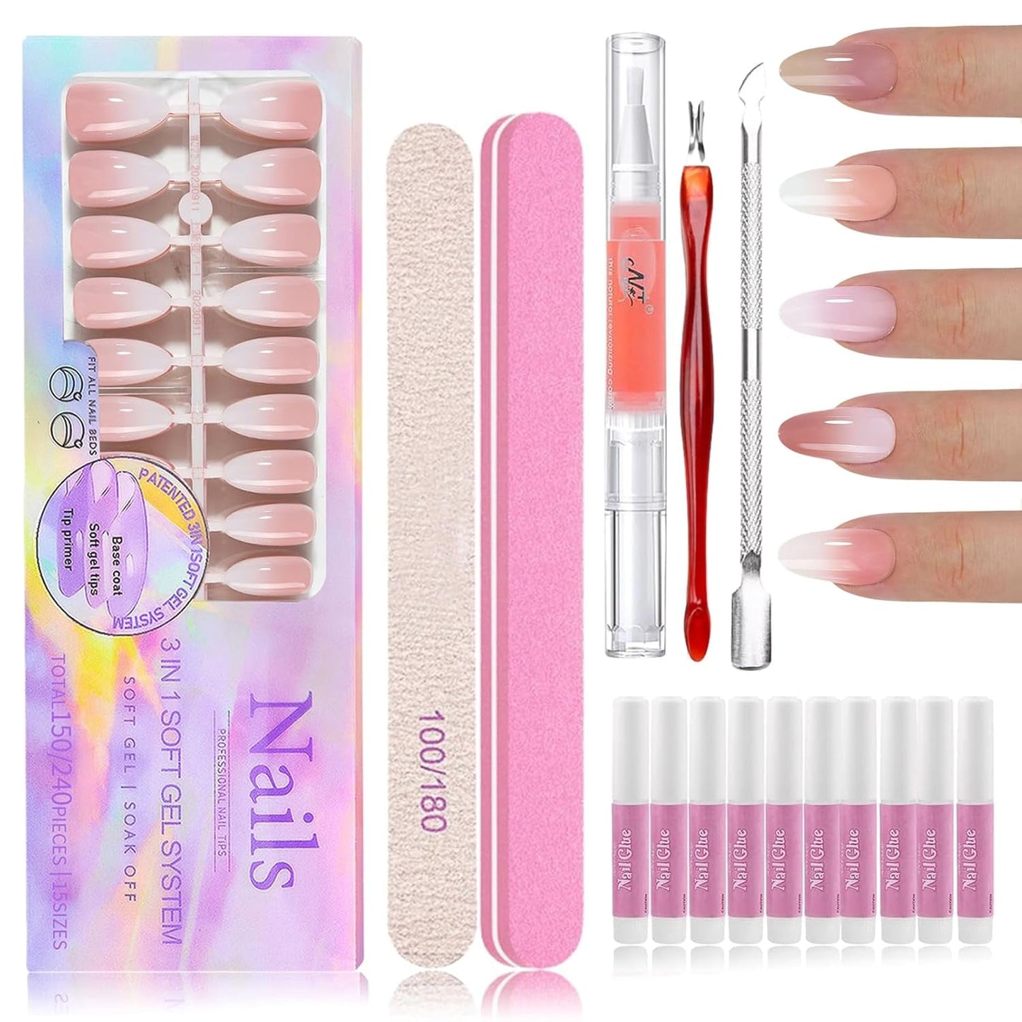 Kit de 150 uñas postizas degradadas – 5 colores diseño degradado uñas artificiales autoadhesivas – cubierta completa para mujeres y niñas – uñas postizas brillantes para manicura DIY (cuadrado)