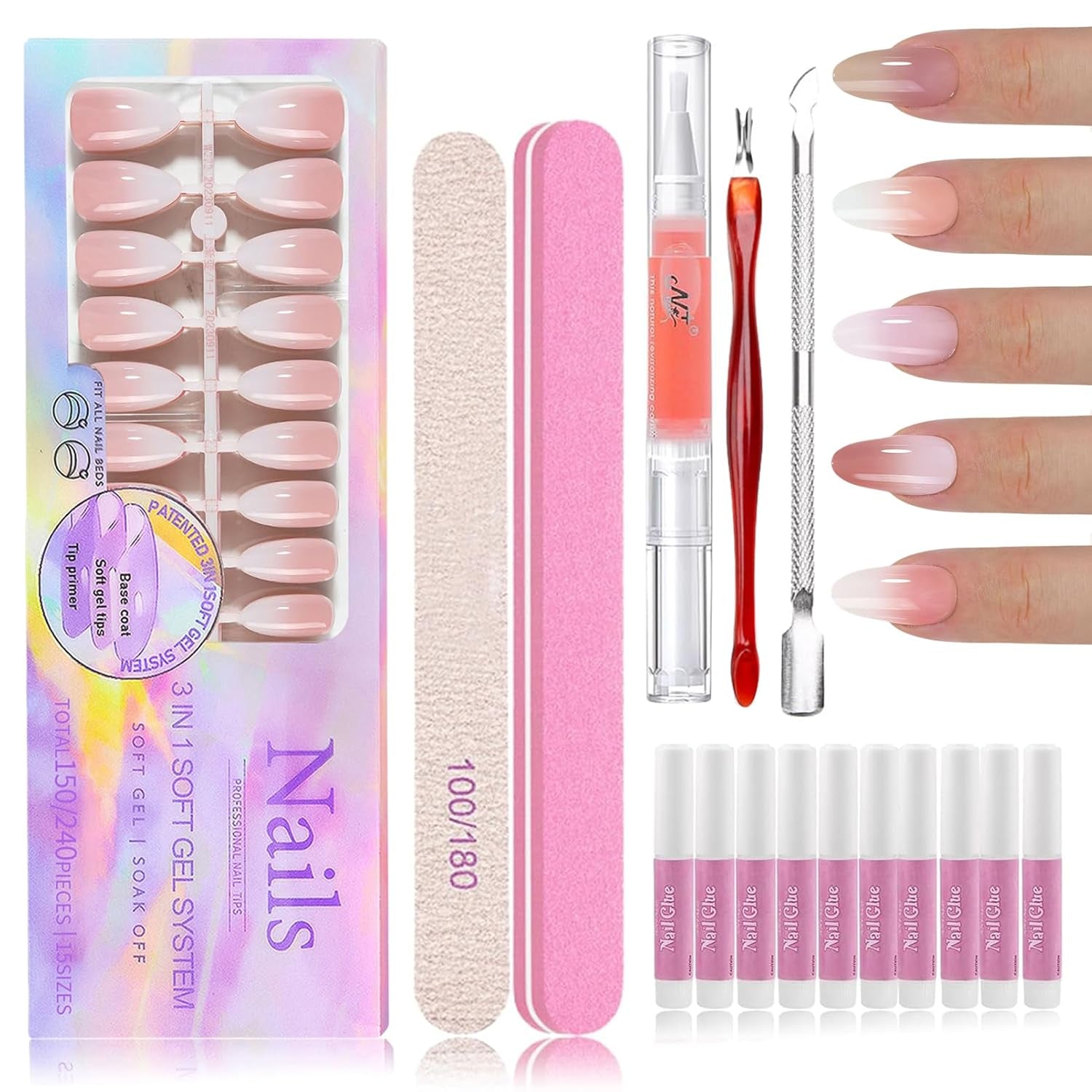 Kit de 150 uñas postizas degradadas – 5 colores diseño degradado uñas artificiales autoadhesivas – cubierta completa para mujeres y niñas – uñas postizas brillantes para manicura DIY (cuadrado)