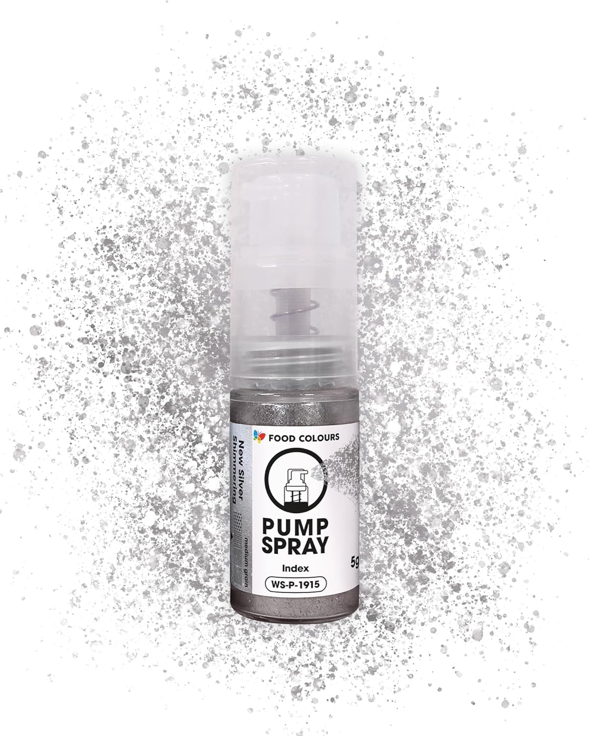 Spray alimentario con purpurina comestible NEW SILVER SHImmering 5G Bomba con polvo metálico para una decoración rápida y eficaz de tartas, cremas, jaleas, bombones, chocolate y decoraciones de azúcar