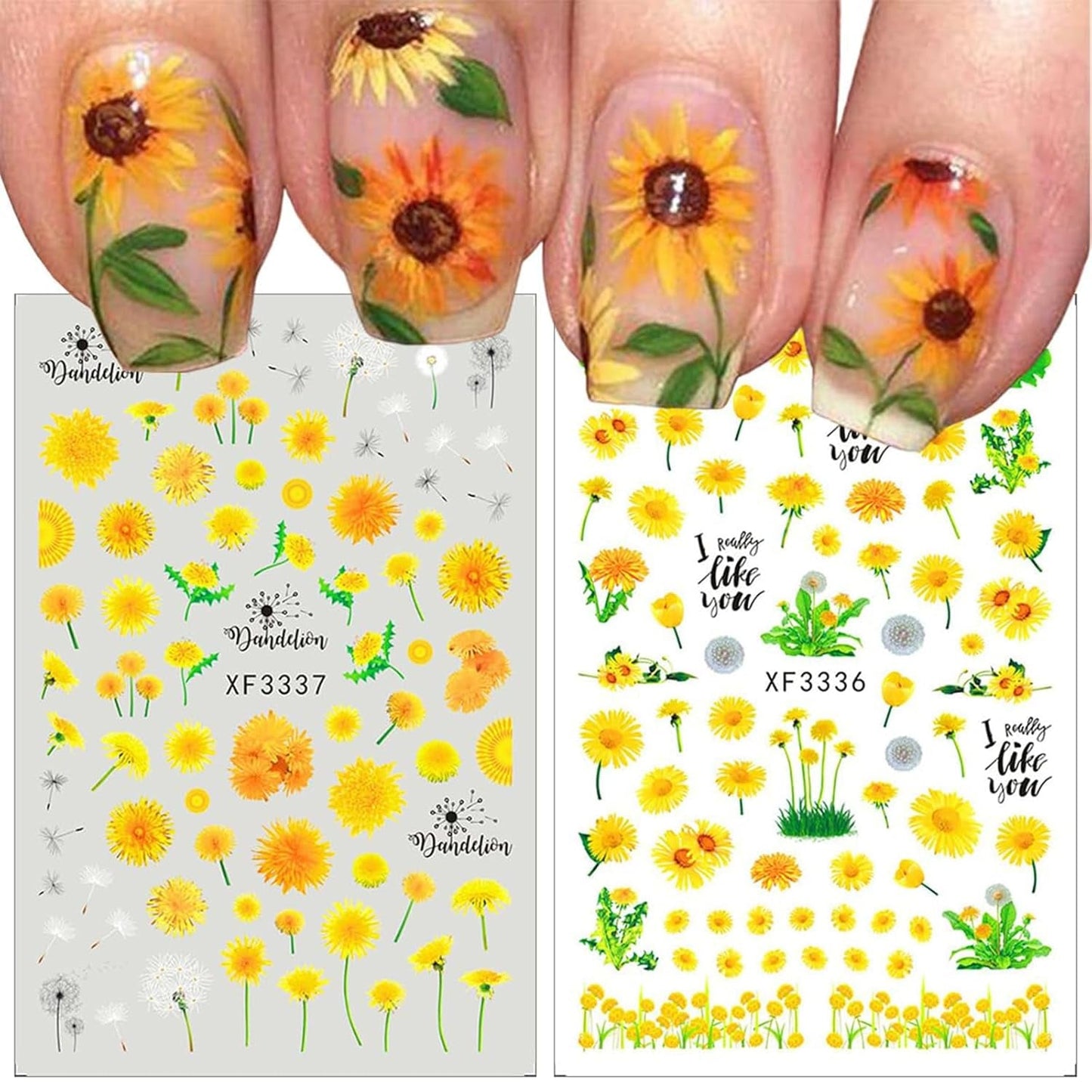 12 hojas de pegatinas para uñas con efecto 3D, curado UV, pegatinas para uñas de flores de larga duración, pegatinas artísticas para uñas con margaritas blancas y amarillas
