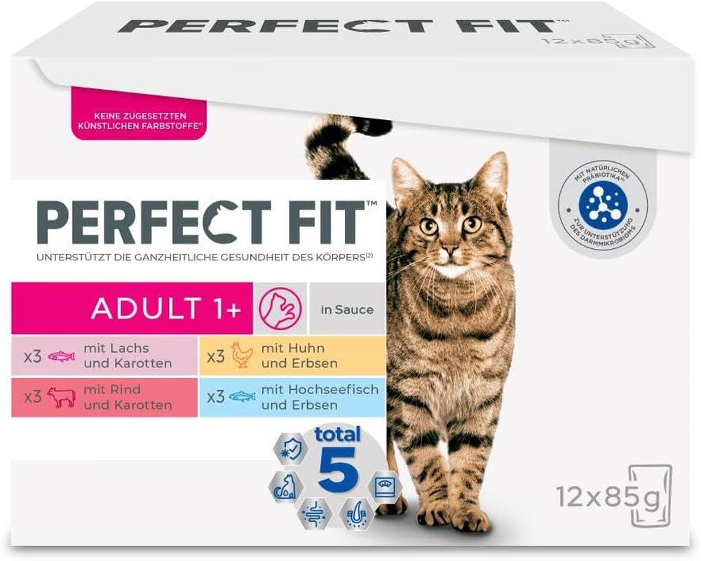 Perfect Fit Adult 1+ selección de comida húmeda con salmón, pescado de aguas profundas, ternera y pollo, 48 sobres, 12x85g (paquete de 4) - Comida húmeda premium para gatos adultos a partir de 1 año