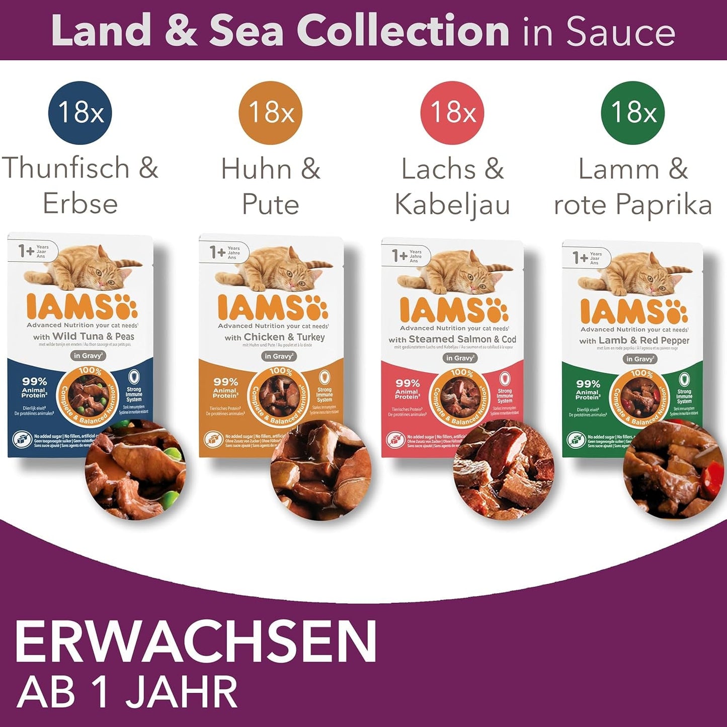 IAMS Delights Land & Sea Collection Comida Húmeda para Gatos - Surtido de Carne y Pescado Multipack en Salsa, Comida Húmeda para Gatos a Partir de 1 Año, 72 x 85 g
