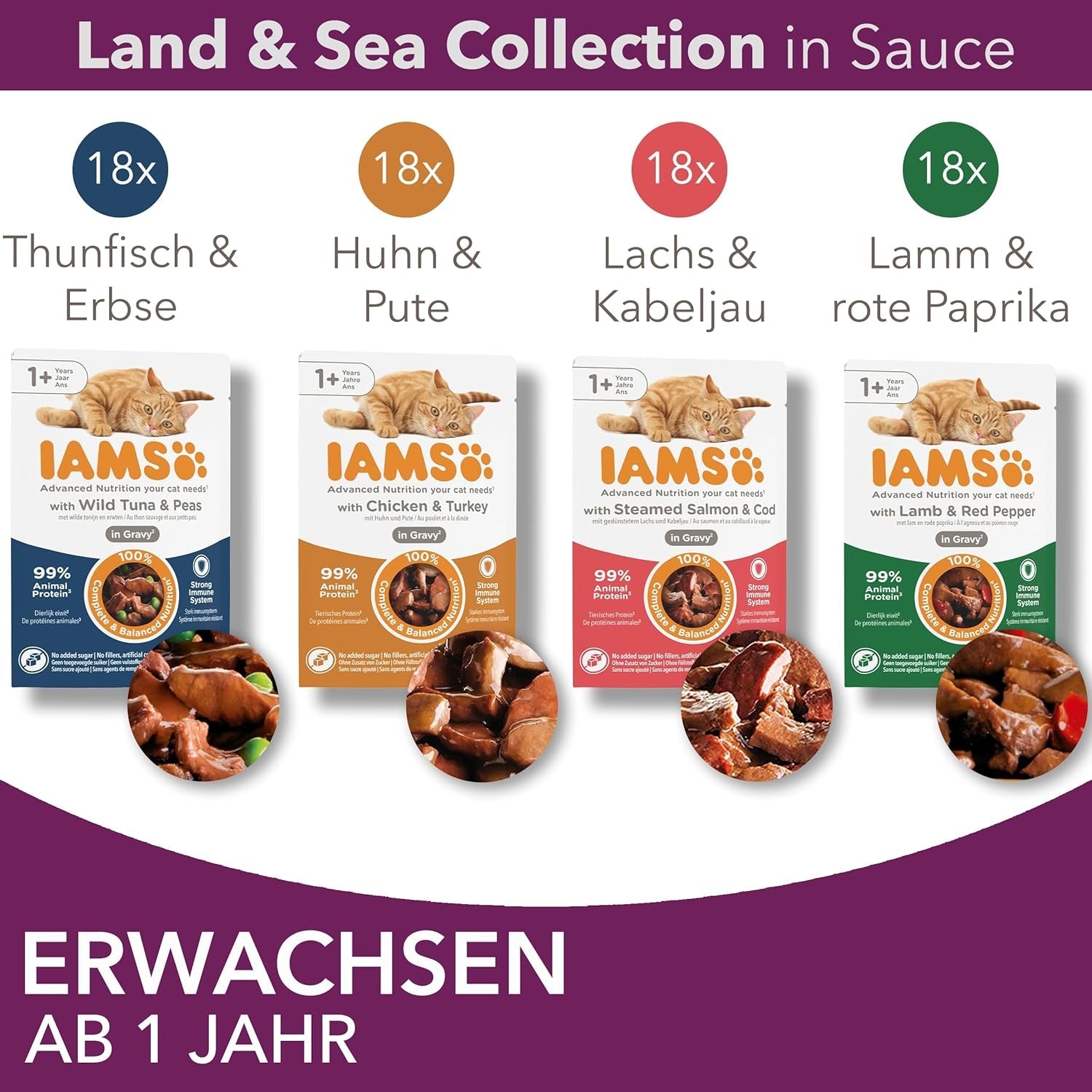 IAMS Delights Land & Sea Collection Comida Húmeda para Gatos - Surtido de Carne y Pescado Multipack en Salsa, Comida Húmeda para Gatos a Partir de 1 Año, 72 x 85 g