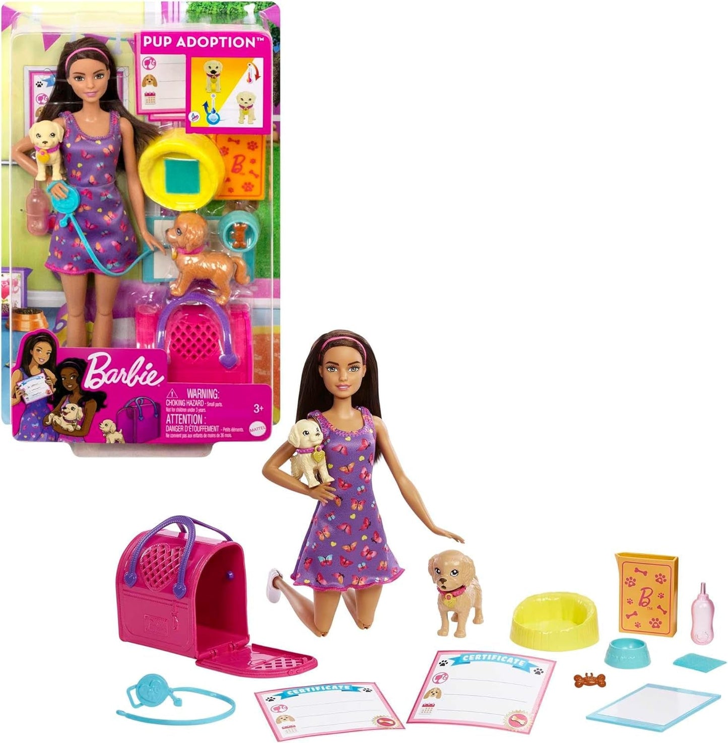 Adopción Barbie Puppy - Muñeca y 2 cachorros, con certificados de adopción, efecto de cambio de color, jaula y accesorios, para niños a partir de 3 años, HKD 86