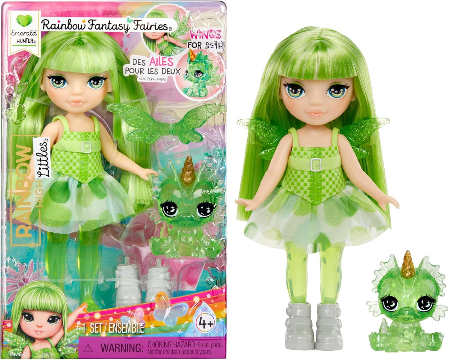 Rainbow High Littles Hada y mascota de fantasía arcoíris - Esmeralda, verde - Muñeca articulada de dragón de fantasía pequeña de 14 cm con alas de hada intercambiables, dulce regalo para niños a partir de 4 años