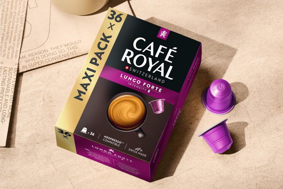 Café Royal Lungo Forte – Cápsulas de café compatibles con Nespresso®, 100% Arábica, würzig, dunkle Röstung, Intensität 8/12, Rainforest Alliance, 36 cápsulas