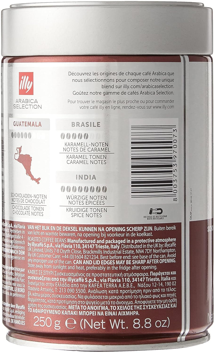 Granos de café illy, selección de granos de café Arábica, Guatemala, paquete de 6 (6 x 250 g)