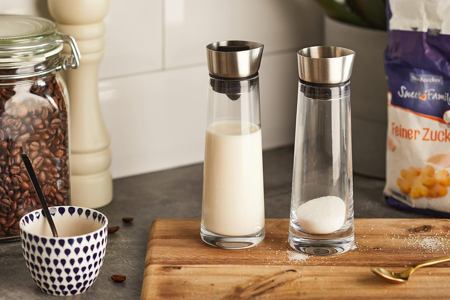 blomus -MACCHIATO- Juego de cristal para azúcar y nata, capacidad 180 ml, tapa de acero inoxidable, para té y café, mano de obra de alta calidad, aspecto exclusivo (Alto/Ancho/Fondo: 17 x 5,4 x 5,4 cm, Transparente, 63510)