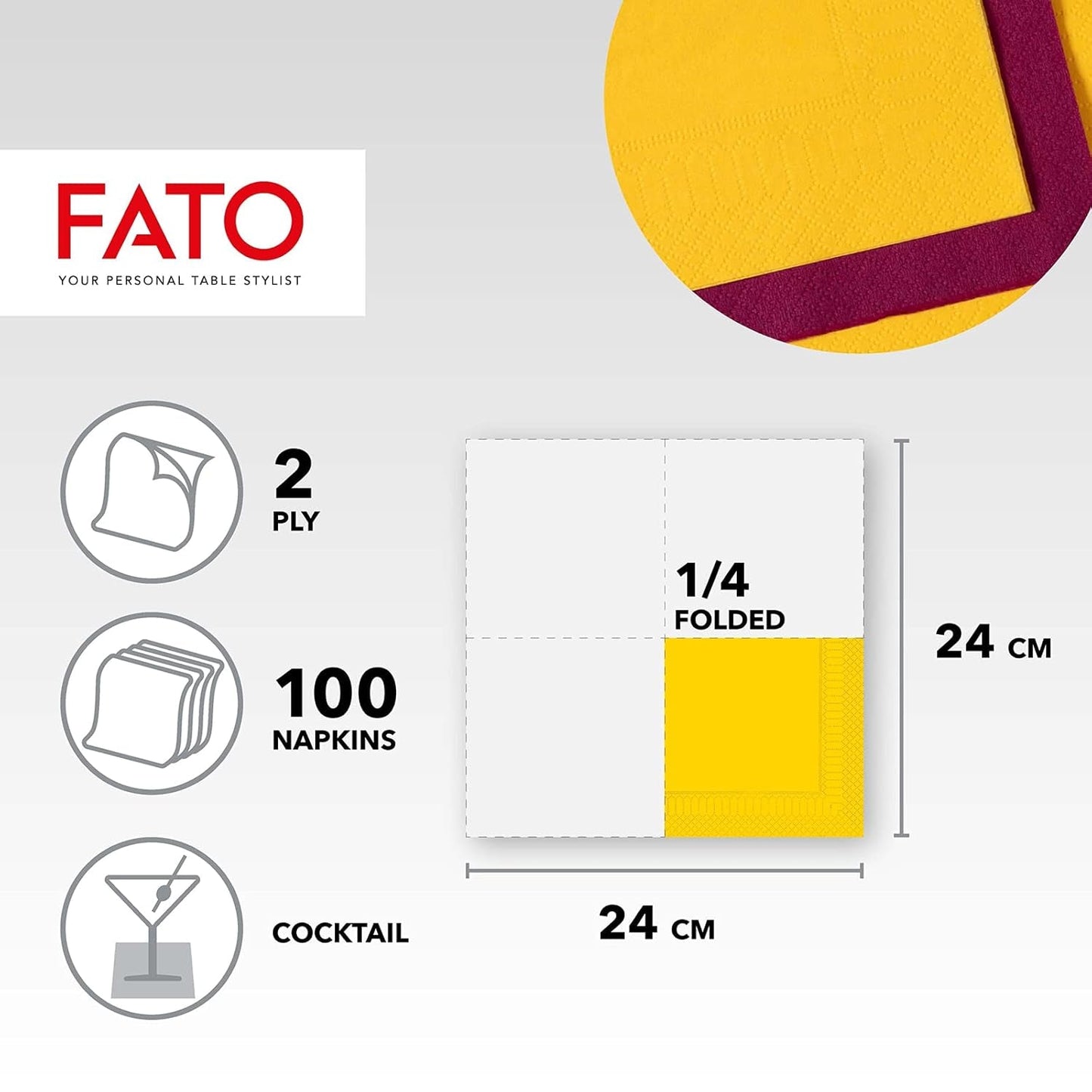 , Servilletas de papel desechables, ideales para aperitivos y cócteles, paquete de 100 servilletas, tamaño 24X24, 4 capas, 2 capas, amarillo, papel de celulosa 100% pura, certificado Fsc (paquete de 3)