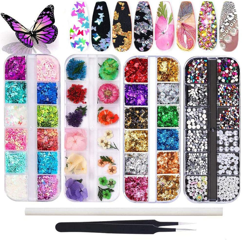 Kalolary Flores secas para uñas Lentejuelas de mariposa Esmalte de uñas Papel de aluminio Pegatinas de uñas Pinzas Piedras de uñas Diamantes de imitación Lápiz para diseño de uñas 3D Decoraciones de bricolaje