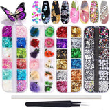 Kalolary Flores secas para uñas Lentejuelas de mariposa Esmalte de uñas Papel de aluminio Pegatinas de uñas Pinzas Piedras de uñas Diamantes de imitación Lápiz para diseño de uñas 3D Decoraciones de bricolaje