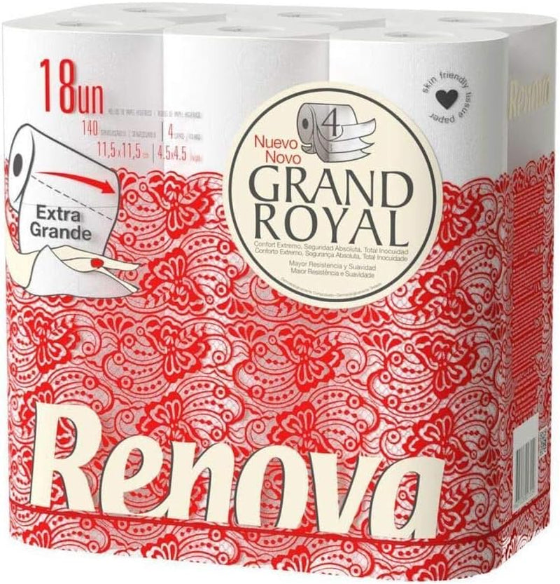 Papel higiénico Renova Grand Royal, 18 rollos Premium XXL, 4 capas, suave y duradero