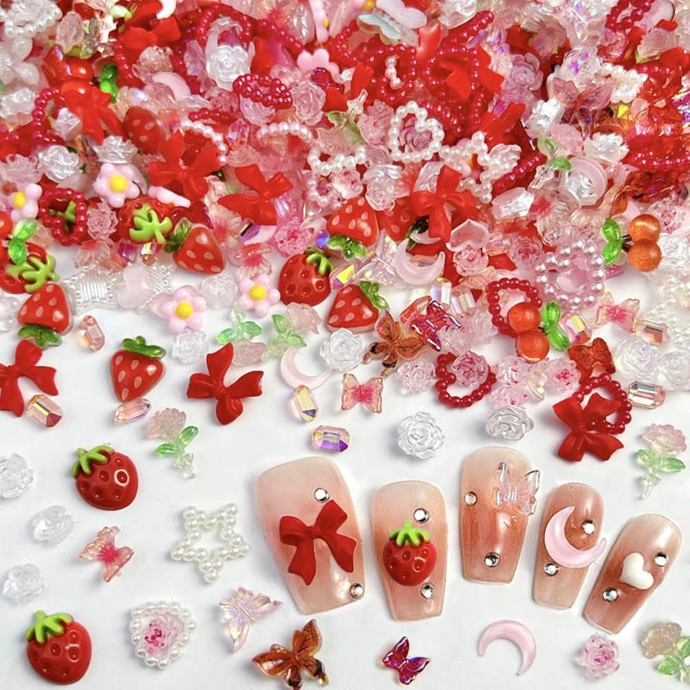 100 Uds. Dijes de uñas 3D Rosa Rot Kirsche Erdbeere Blume Nagel Charms Kamelie Rose Schmetterling Nail Art Charms Flatback Herz Schleife Charms Nägel Zubehör Mond Stern Nagelschmuck Nageldesign Anhänger