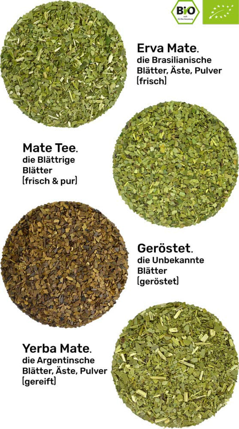Set de degustación de Mate ● 4 variedades de Mate orgánico ● 100 g cada una Erva Mate + Yerba Mate + Mate Verde + Mate Tostado