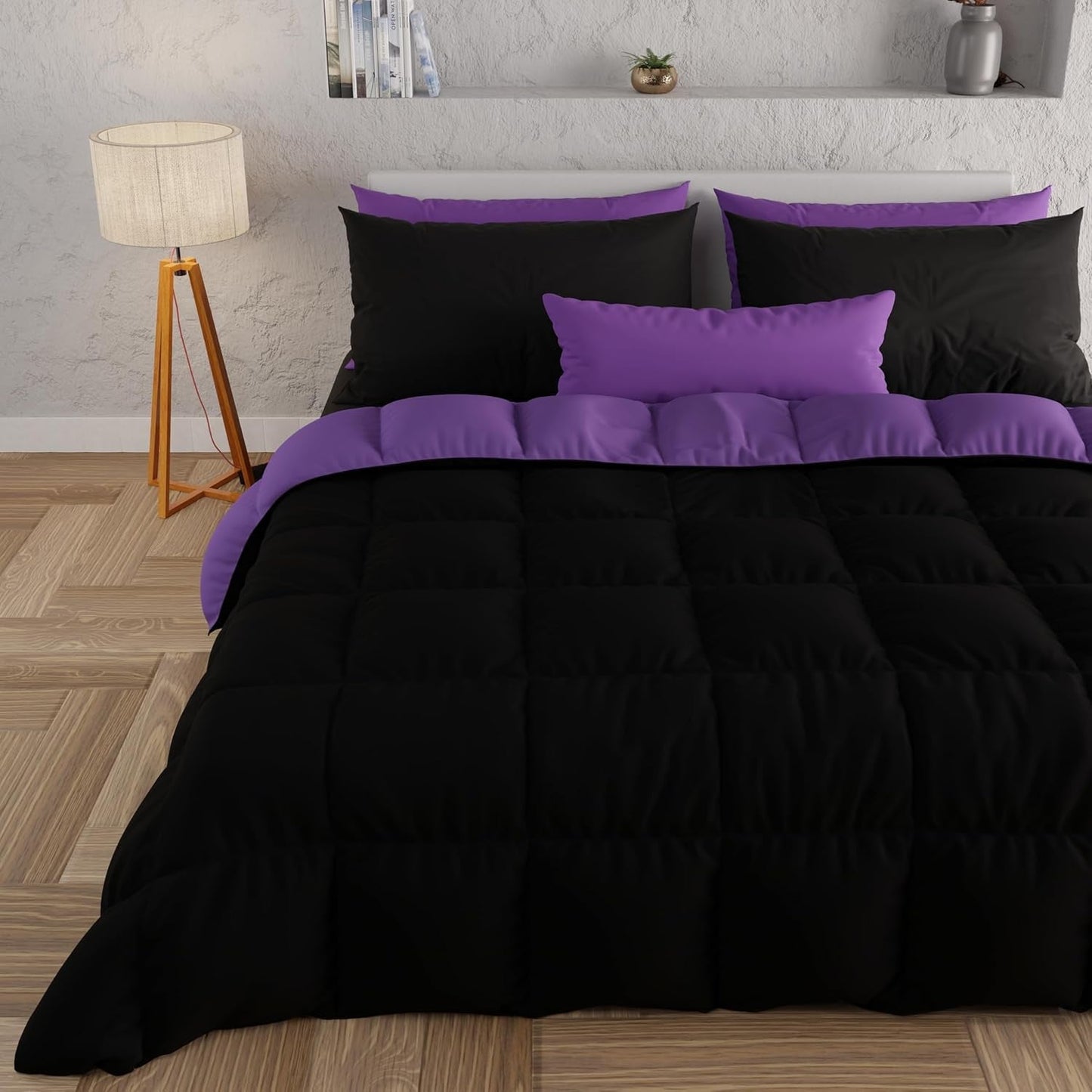 PETTI Artigiani Italiani - Edredón de invierno para cama de matrimonio, maxi, monocromático, doble cara, blanco, gris, 100% Made in Italy Naty Shop Edredones y edredones Morado, negro. 160X190Cm