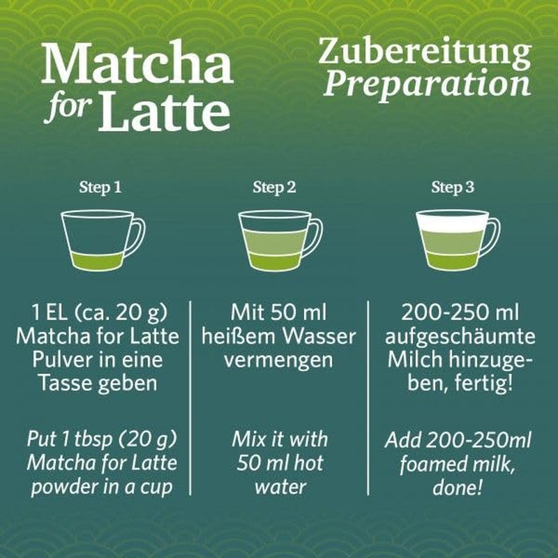 Matcha para café con leche Mezcla de té verde con azúcar de caña, 400 g, vegano, para 20 porciones