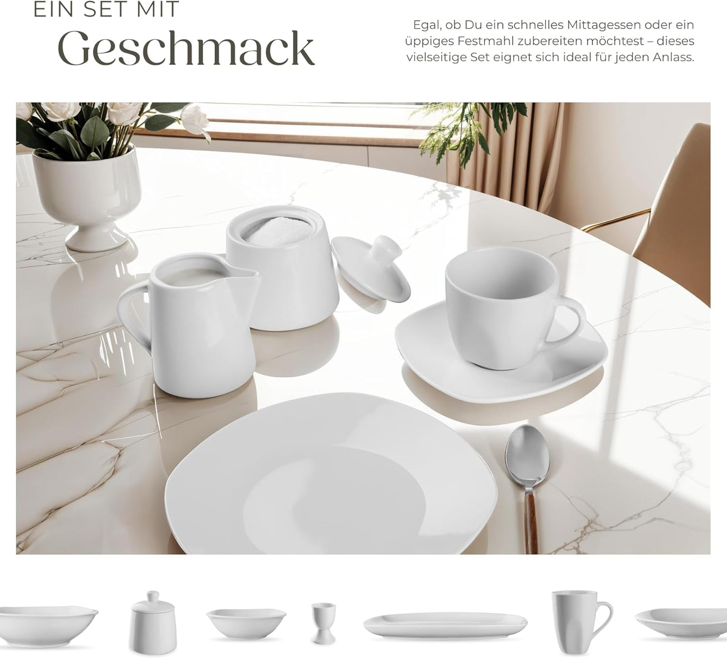 tectake® Vajilla para 12 personas, vajilla de porcelana de 100 piezas, incluye 12 platos, 12 platos de postre, 12 platos llanos, 12 tazas, 12 cuencos de cereales, ensaladera, lechera y azucarero