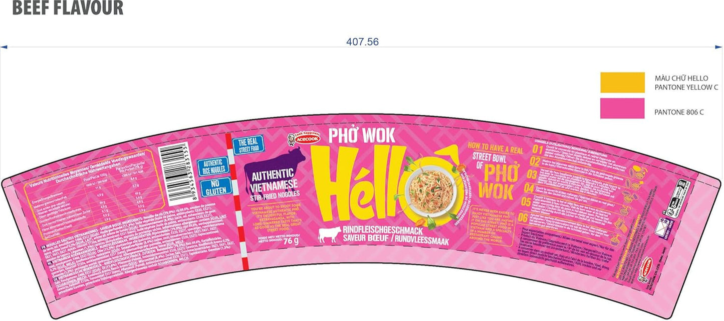 HELLO PHO WOK fideos instantáneos de arroz, ternera - 1 x 76 g