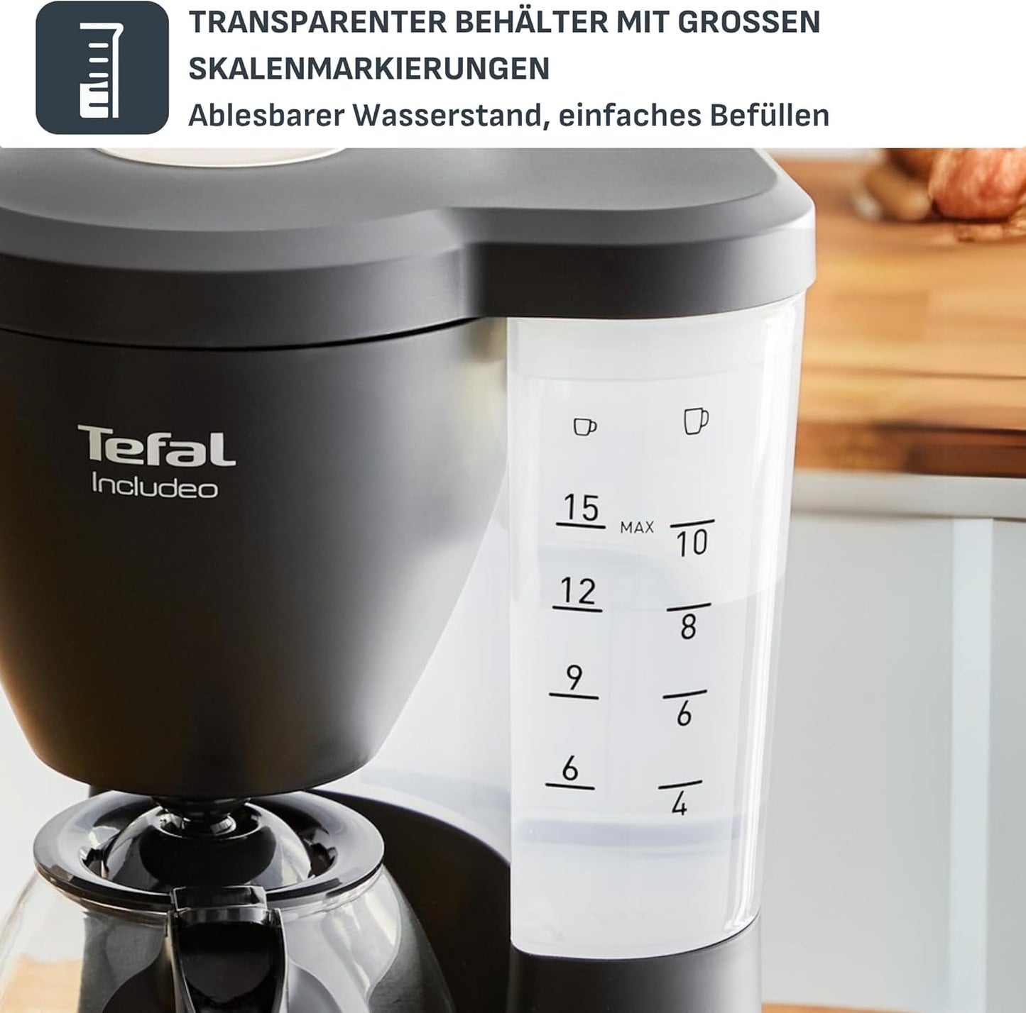 Tefal Cafetera espresso con filtro Includeo, Cafetera espresso extremadamente fácil de usar, Apta para diestros y zurdos, Apertura automática de la tapa, 1,25 L, 10 a 15 tazas, CM533811