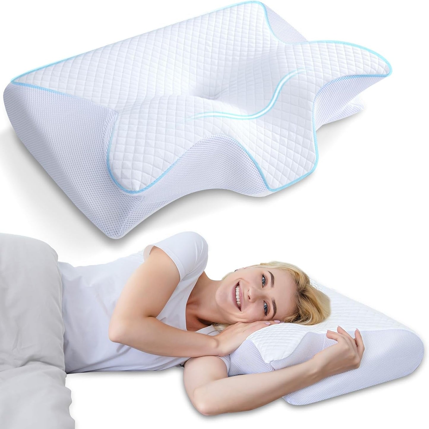 HOMCA Almohada Cervical Almohada Ortopédica Almohada Viscoelástica 2 en 1 Almohada de Soporte Cervical Almohada Ergonómica para la Cabeza para Dolores de Espalda, Laterales y Abdominales, 60 X 13/11 X 40 cm Almohadas Ortopédicas Cervicales Naty Shop Blanco