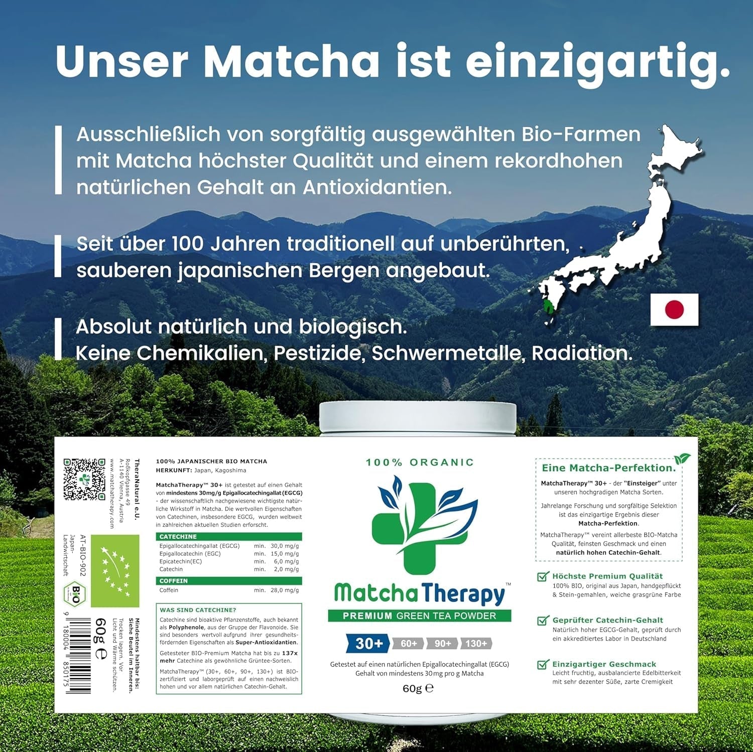 Terapia Matcha 30+ | Té Matcha orgánico en polvo | 60 gramos | Con un contenido comprobado de al menos 30 mg/g de catequina EGCG | Apoya el sistema inmunológico y los niveles de energía | Calidad Ceremonial | Té verde de Japón