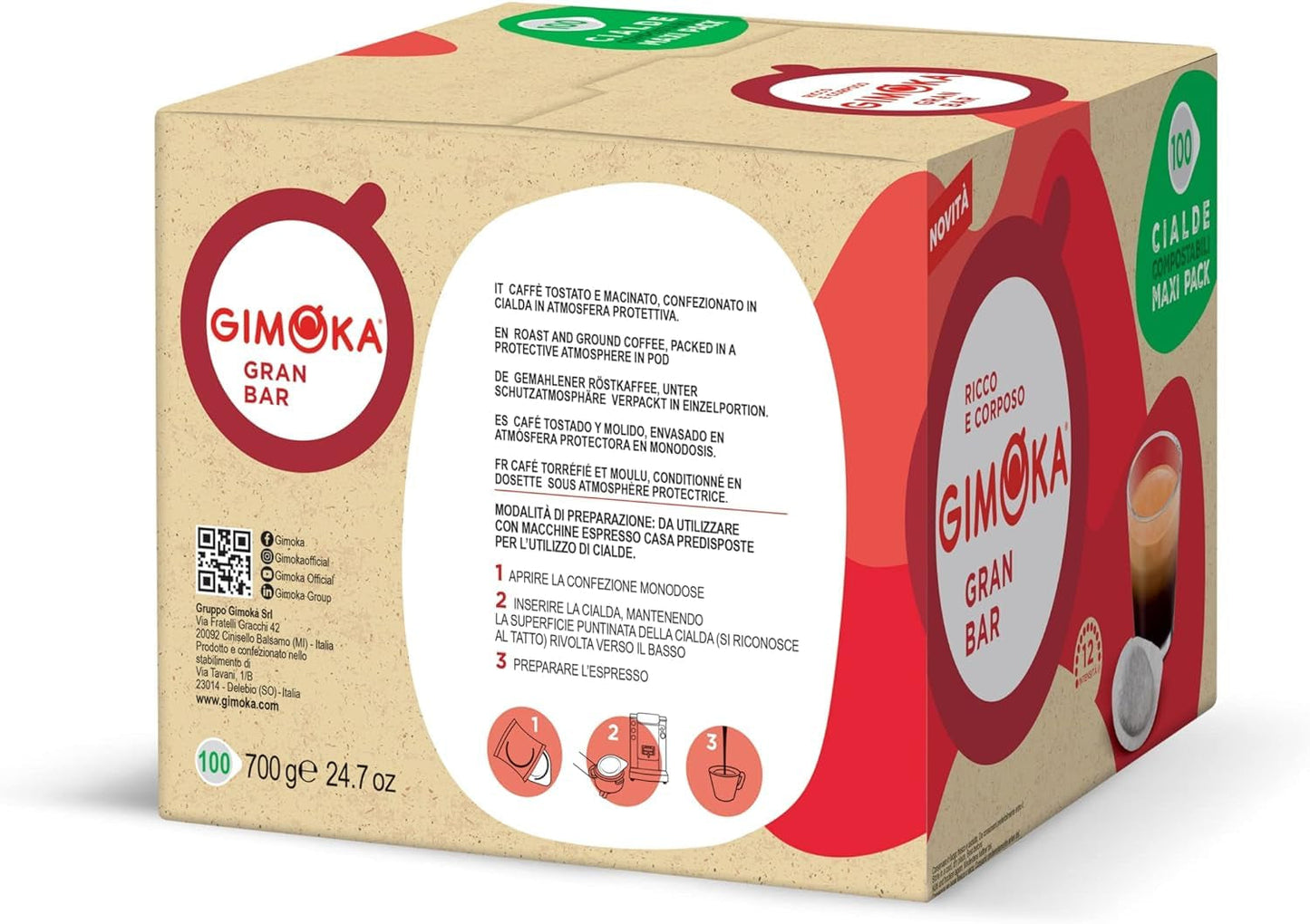 Gimoka Kompostierbare Kaffeepads, Gran Bar Intenso Kaffeemischung, Intensität 12-100 Pads - Compatible con ESE System Papier Pads 44 mm