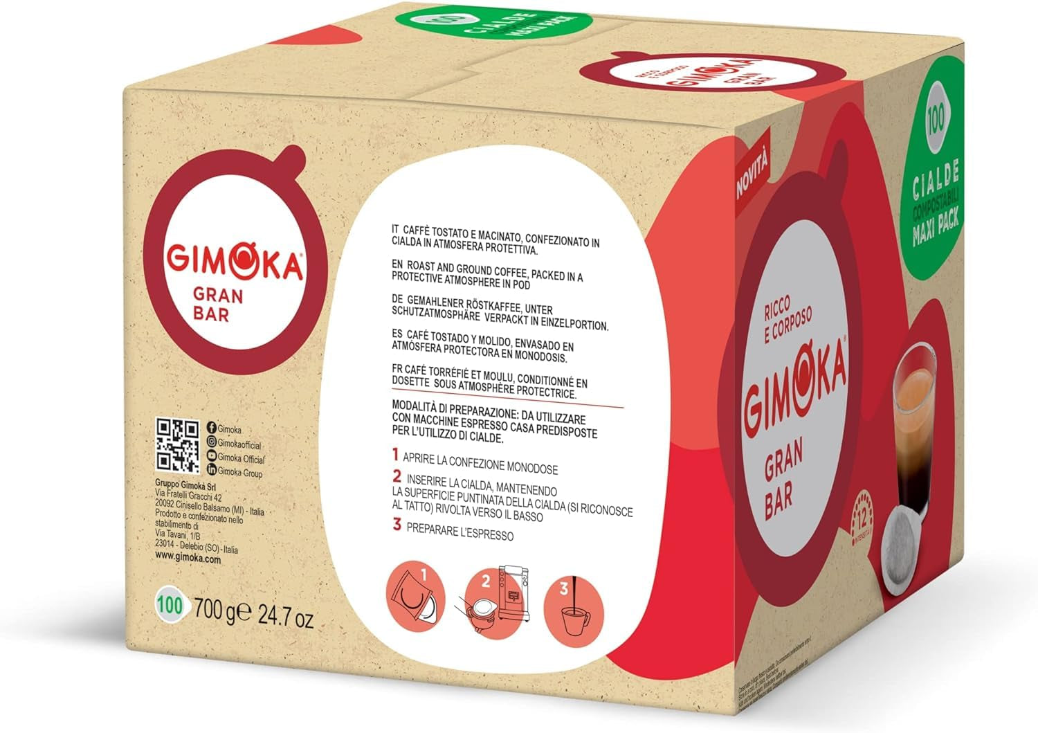 Gimoka Kompostierbare Kaffeepads, Gran Bar Intenso Kaffeemischung, Intensität 12-100 Pads - Compatible con ESE System Papier Pads 44 mm