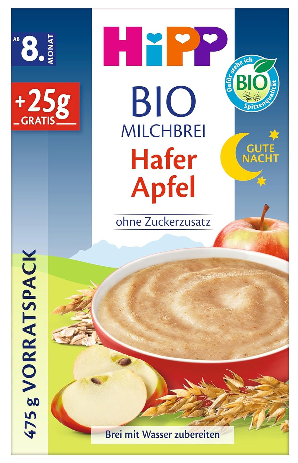 HiPP Buenas Noches Avena con manzanas y leche de avena ecológica (4 x 475g), a partir de 8 meses, sin azúcares añadidos, con cereales integrales ecológicos y fruta ecológica, de la mejor calidad ecológica