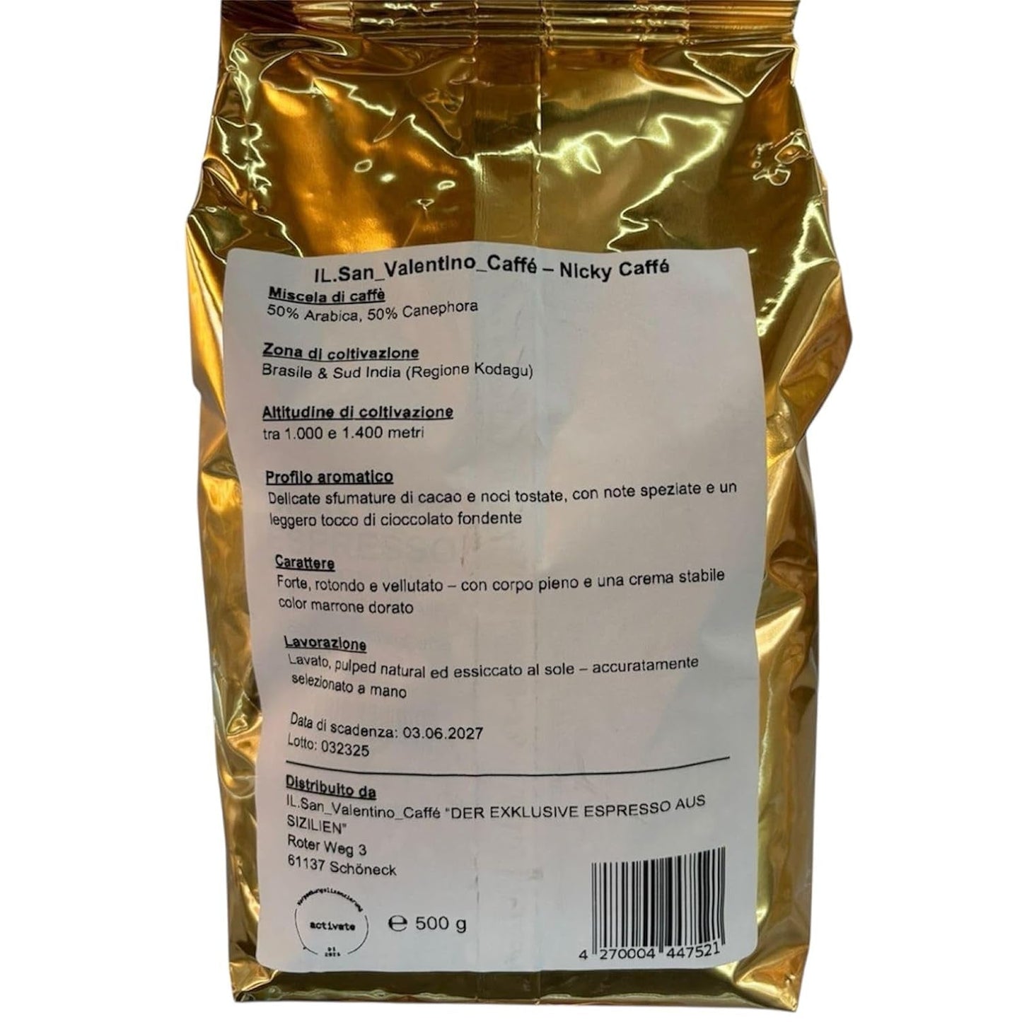 "EL ESPRESSO EXCLUSIVO DE SICILIA" NICKY CAFFÉ ESPRESSO Y CREMA DE CAFÉ 50% ARÁBICA 50% CANELA