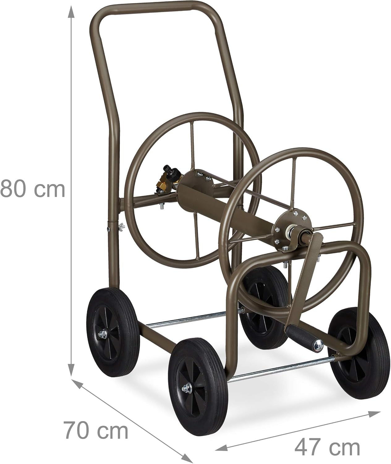 Relaxdays Carro portamanguera XL, enrollador de manguera móvil, metal, para manguera de 60 m, 4 ruedas, con manivela, giro de 90°, marrón