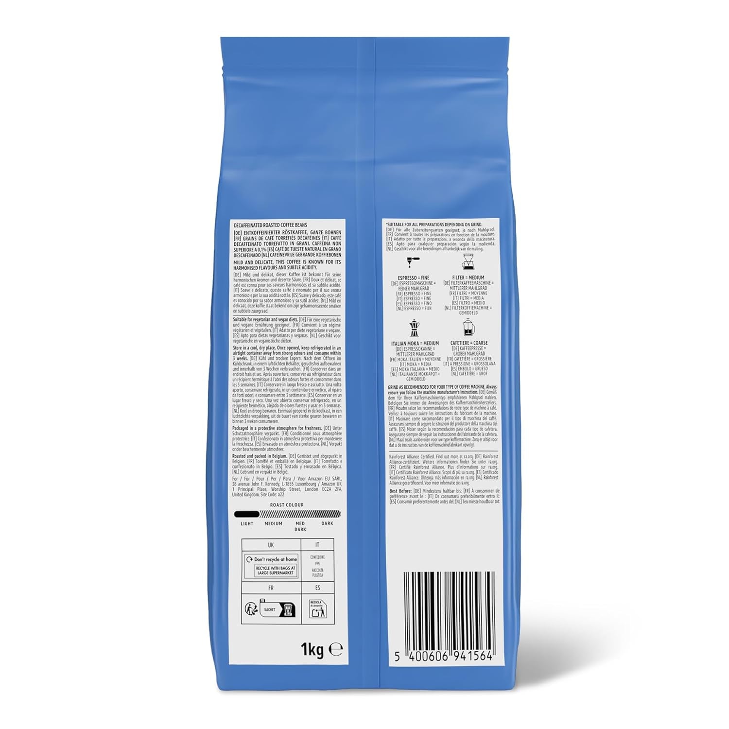 de Amazon Kaffeebohnen, entkoffeiniert, Lichte Röstung, 2 kg (2 Packungen mit 1 kg), certificado Rainforest Alliance
