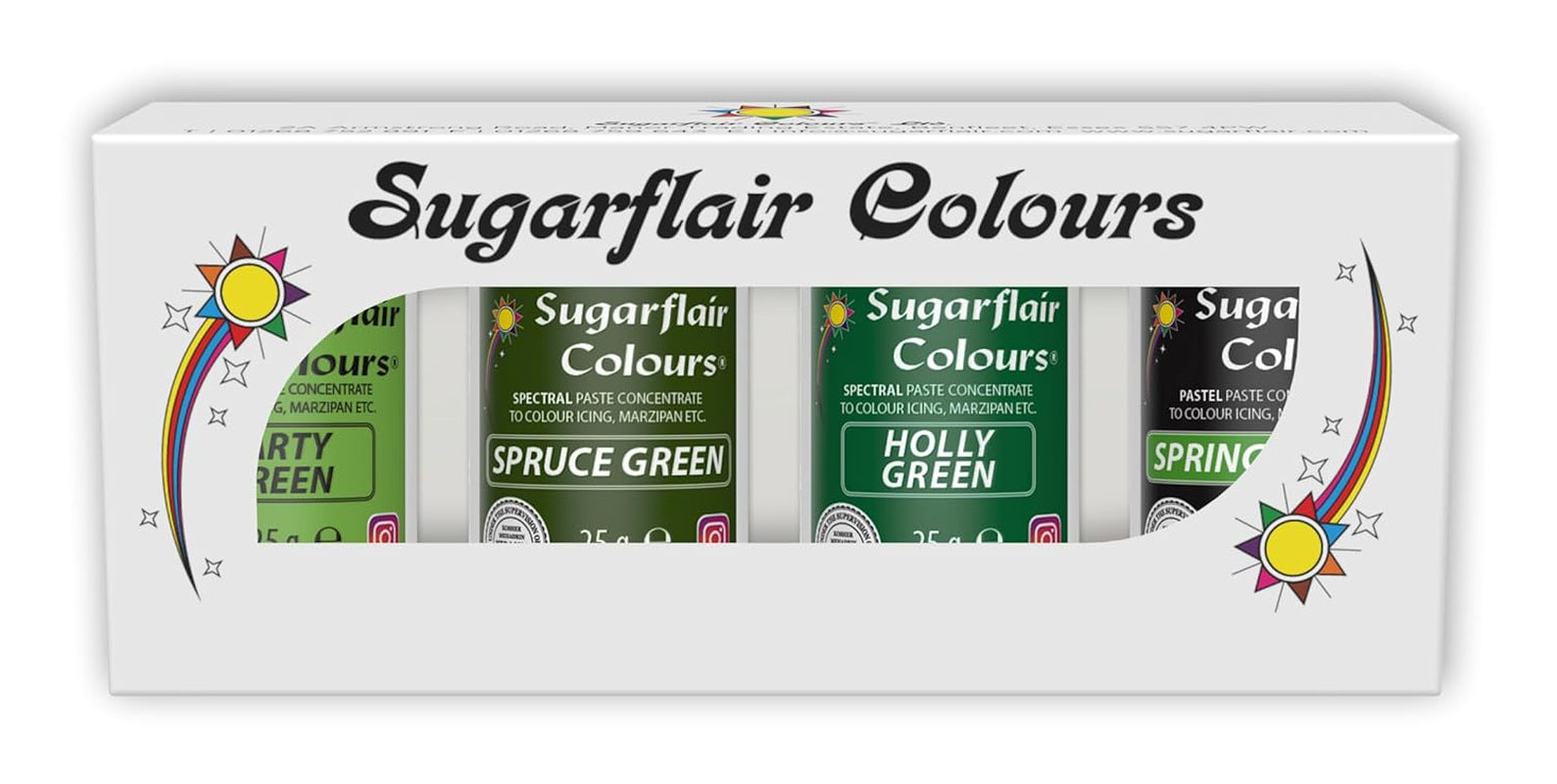 Colorante alimentario para pasta Sugarflair, verde, juego de 4, colorante alimentario para pasta, fondant, mazapán, pasta de azúcar, crema de mantequilla y más: verde Ilex, verde primavera, verde abeto, verde fiesta - Juego de 4