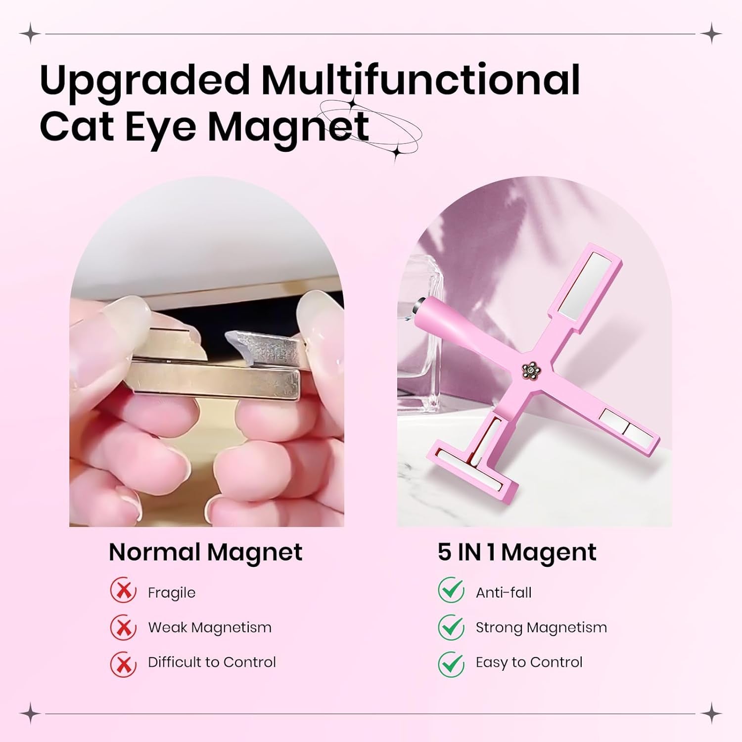 SUPWEE Herramienta de imán de uñas 5 en 1, imán de ojo de gato rosa para uñas multifunción, imán magnético 3D DIY Magic Stick Pen Set Nail Art Magnet Stick para Nail Art Diy-Zubehör