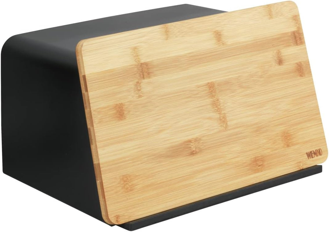 WENKO Kubo Panera con Tabla de Bambú, Versátil Panera con Tapa y Tabla de Cortar de Bambú Integrada, Caja para Almacenar Alimentos, Panera Duradera, 35 x 20,5 x 26 cm, Negro/Natural Naty Shop Cajas para Almacenar Alimentos Negro/Marrón